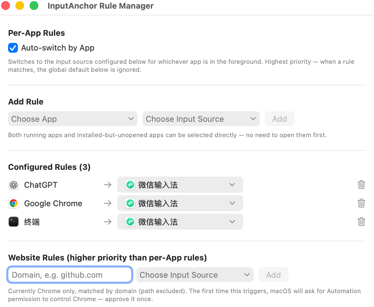 InputAnchor rule manager window showing per-app input source rules